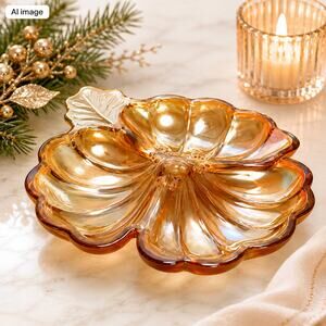 🍂💛Vintage Jeannette Carnival Glass Candy Dish Iridescent Maple Leaf Amber VTG